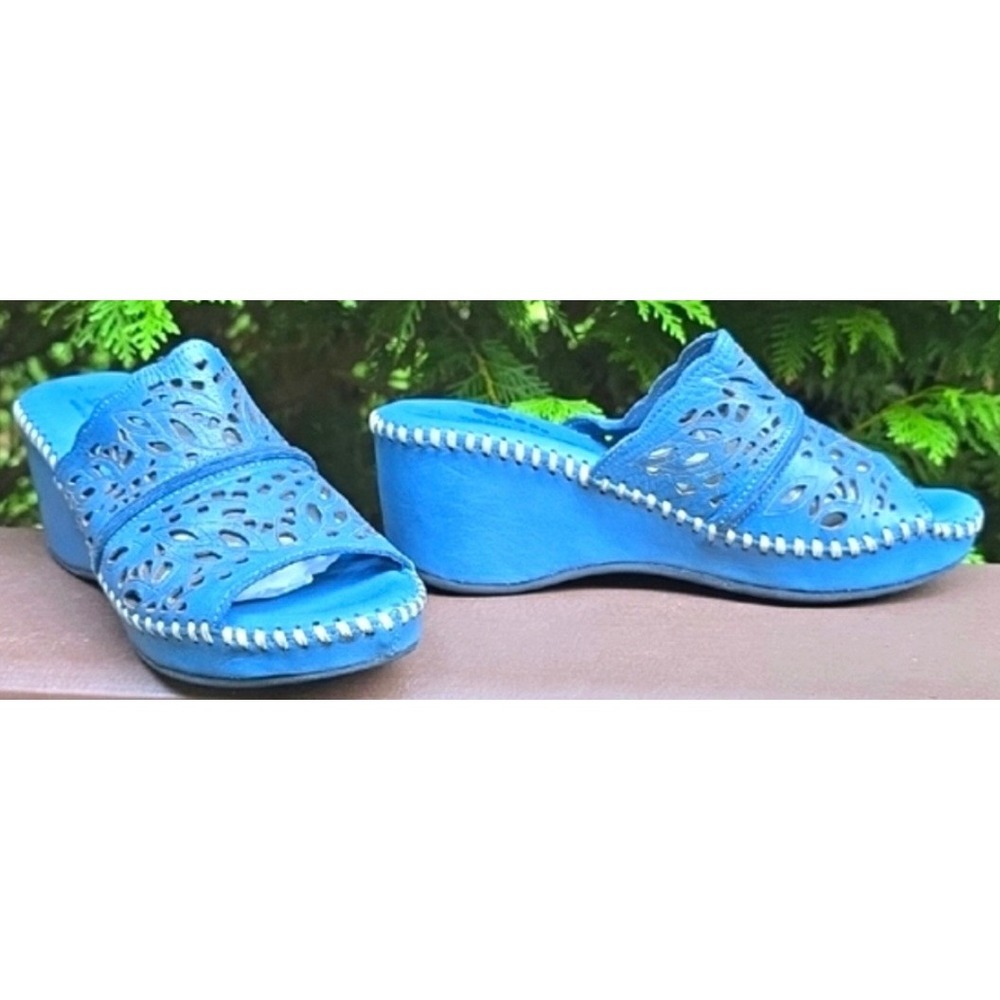 Spring Step Khyahey Blue Leather Laser Cut Wedge Sandals Mules Women 36 US 5.5-6